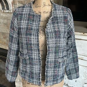 Hayden Los Angeles tweed cropped blazer jacket blue black rainbow fringe pockets